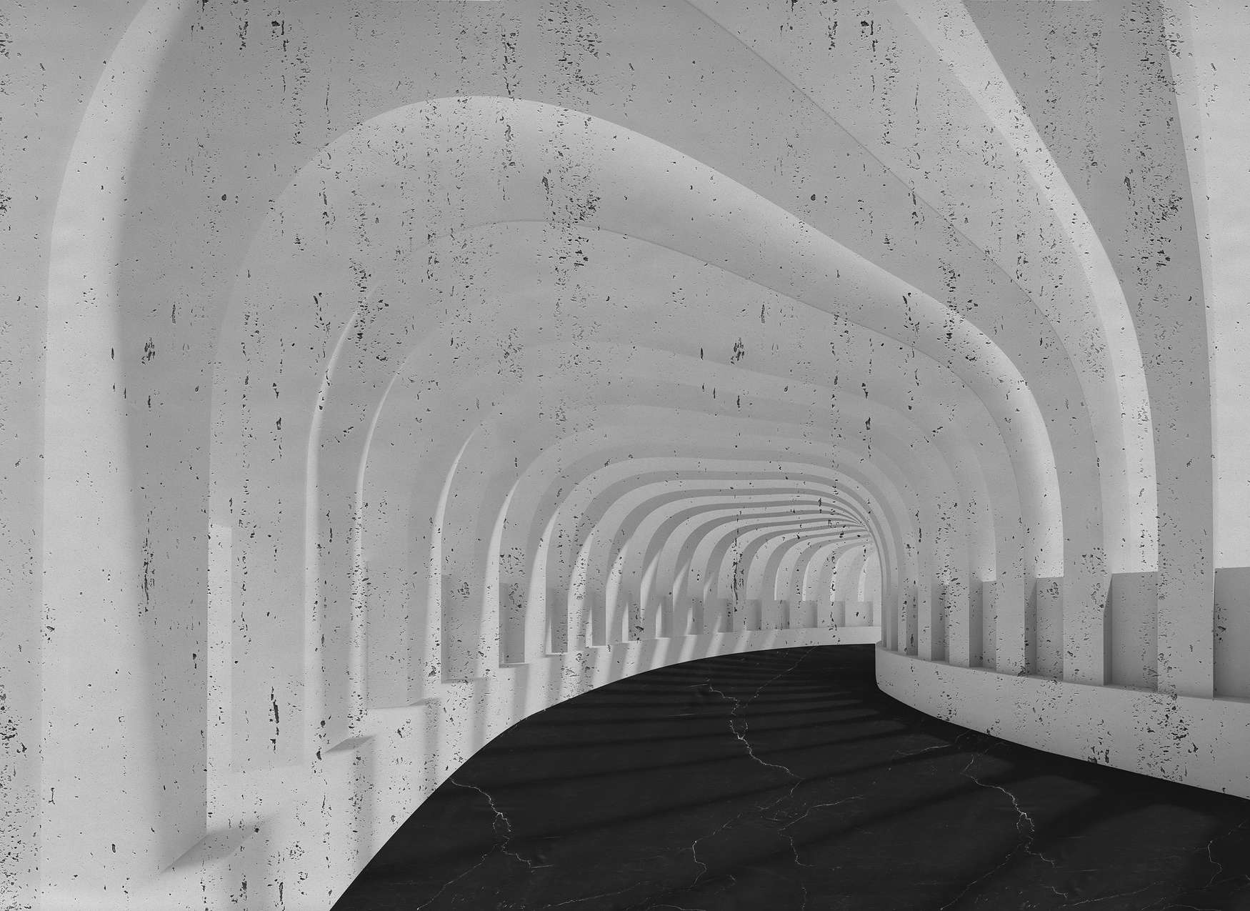             Fototapete 3D Tunnel aus Beton mit Bögen – Grau, Schwarz
        