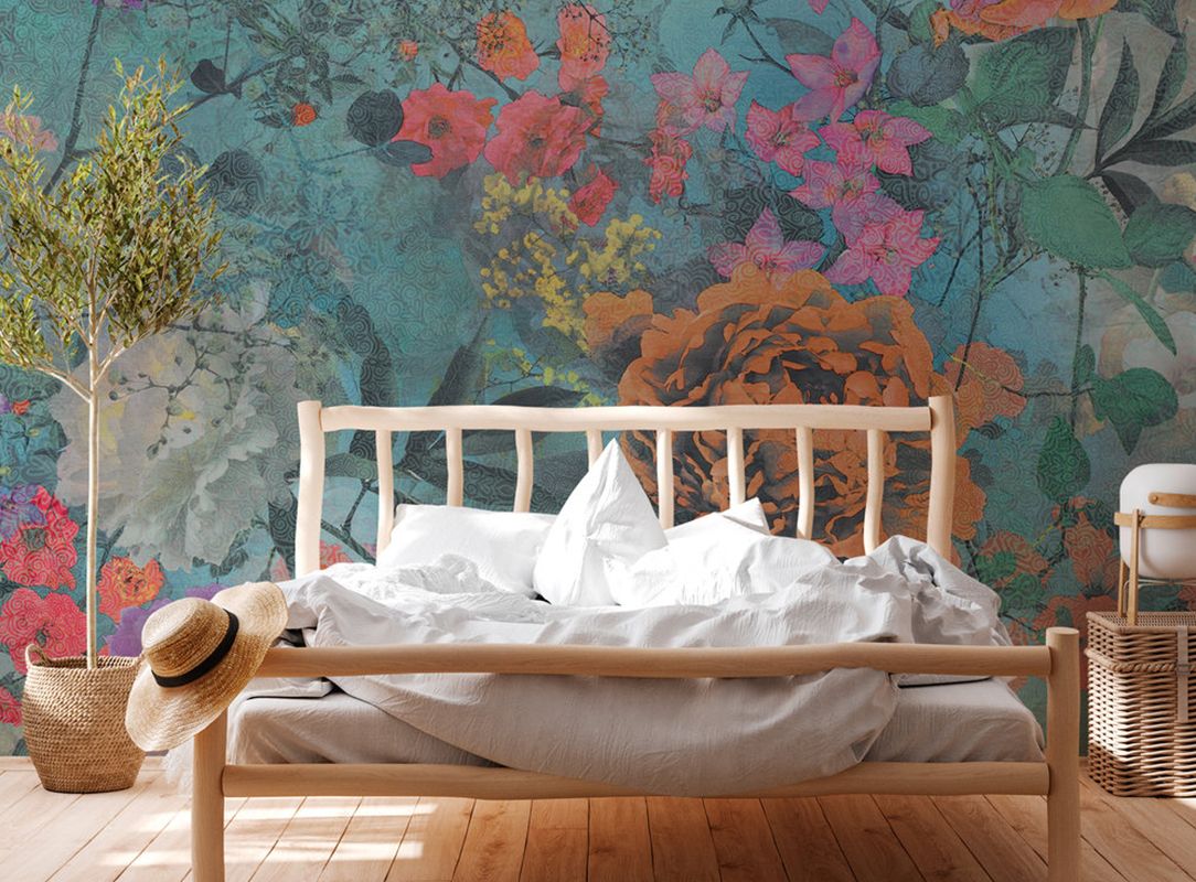 Buntes Schlafzimmer Wandtapete mit moderner Blumen Collage DD117815