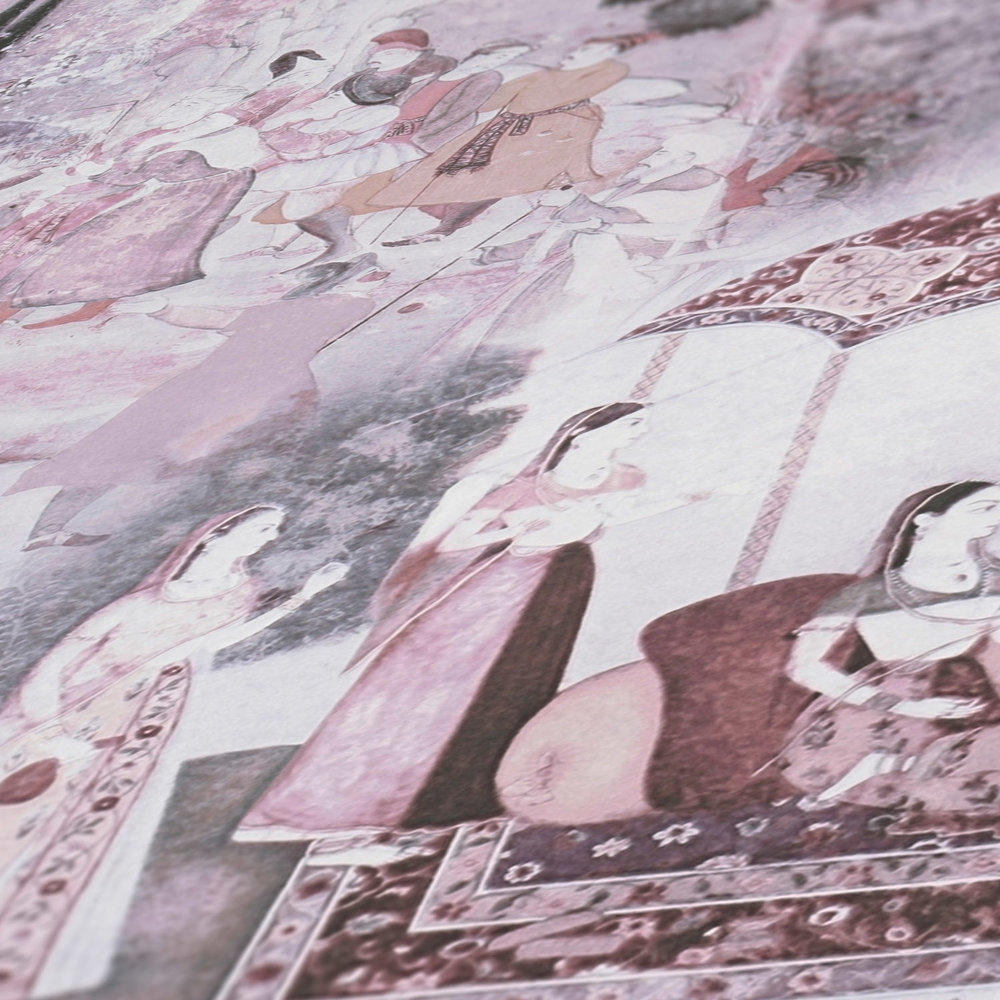             Indische Tapete mit Vintage Design – Grau, Rosa
        