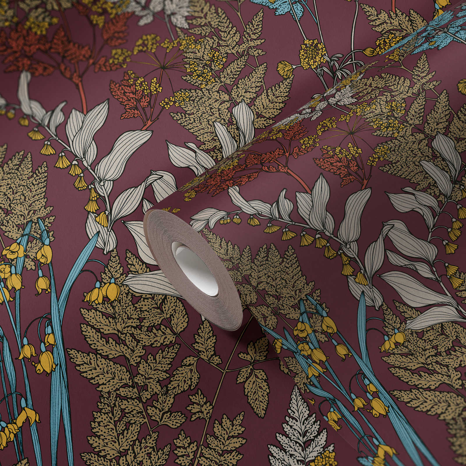             Lila Tapete mit buntem Blätter & Blumen Design – Rot, Gelb, Blau
        