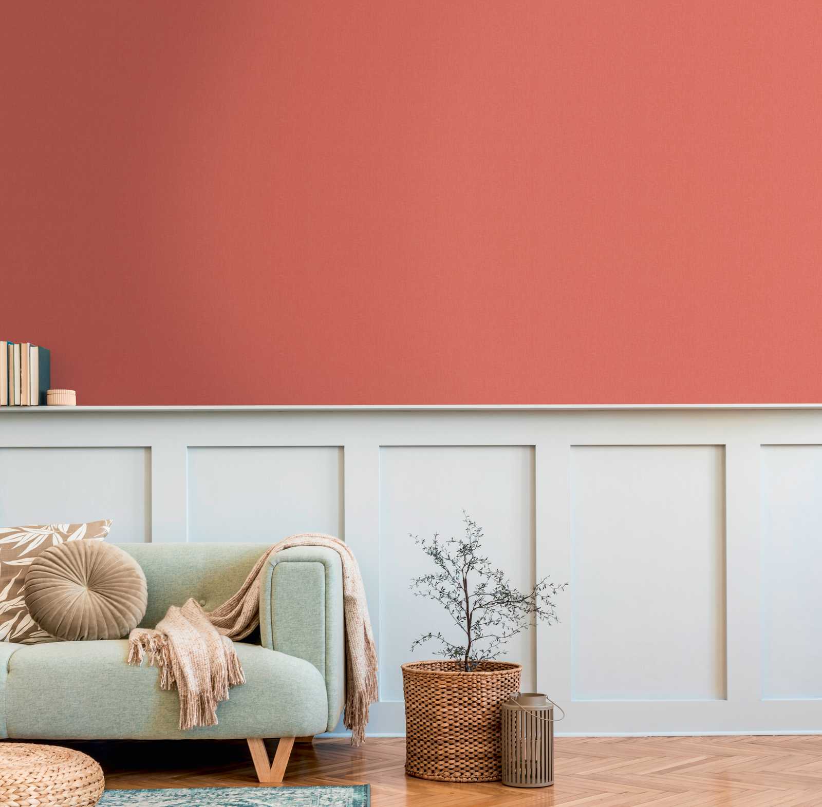             Tapete Orange mit Leinenstruktrur & Terrakotta Farbe
        