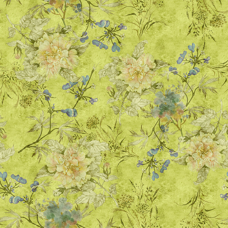 Tenderblossom 1 - Fototapete mit modernen Blütenranken in kratzer Struktur – Grün | Mattes Glattvlies
