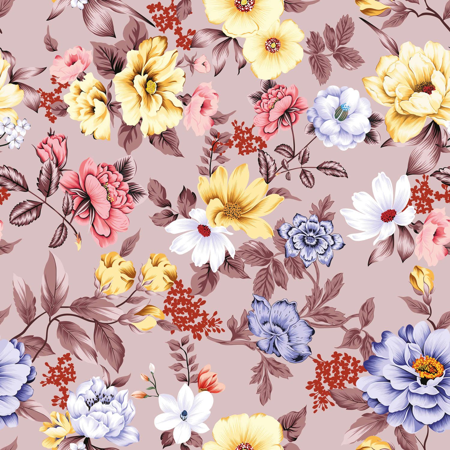             Fototapete floral mit Blüten und Blättern – Glattes & perlmutt-schimmerndes Vlies
        