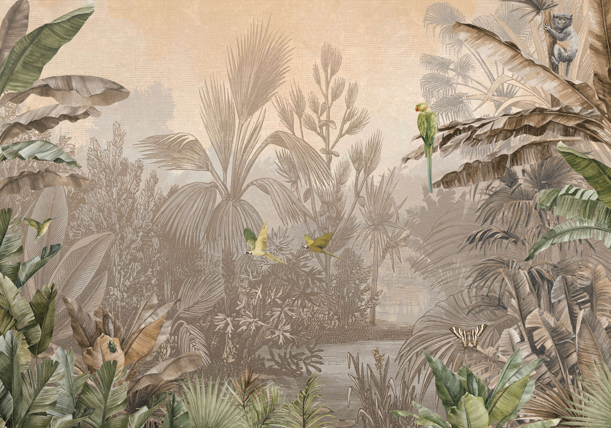             Dschungel Fototapete braun-grün im Zeichenstil
        