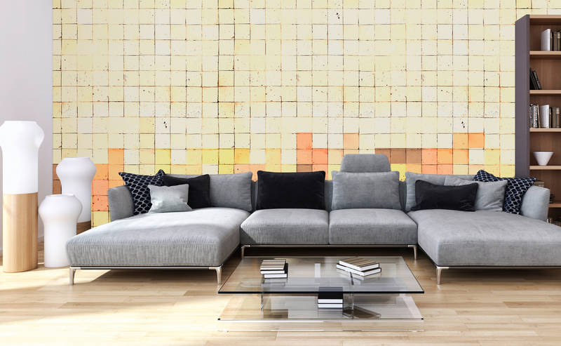             Fototapete 3D Tetris-Stil, Beton Mosaik – Gelb, Orange, Braun
        