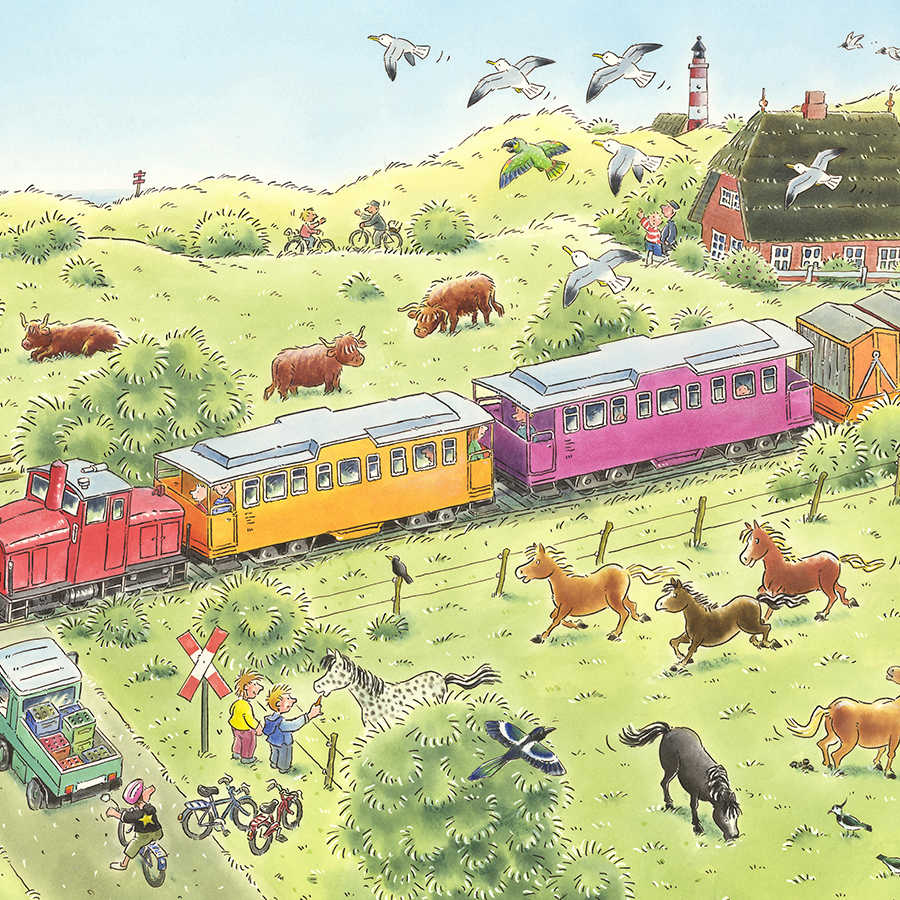 Kinder Fototapete Bahnübergang mit Zug und Tieren auf Matt Glattvlies
