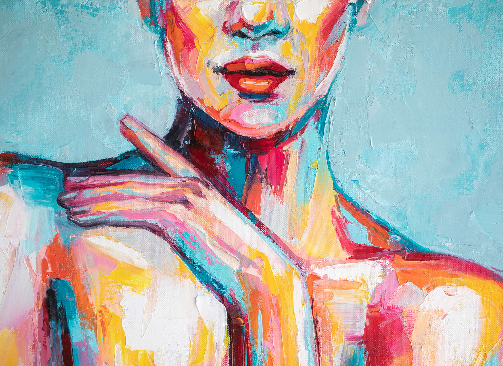             Fototapete Acryl Zeichnung einer Frau – Bunt, Pink. Blau
        