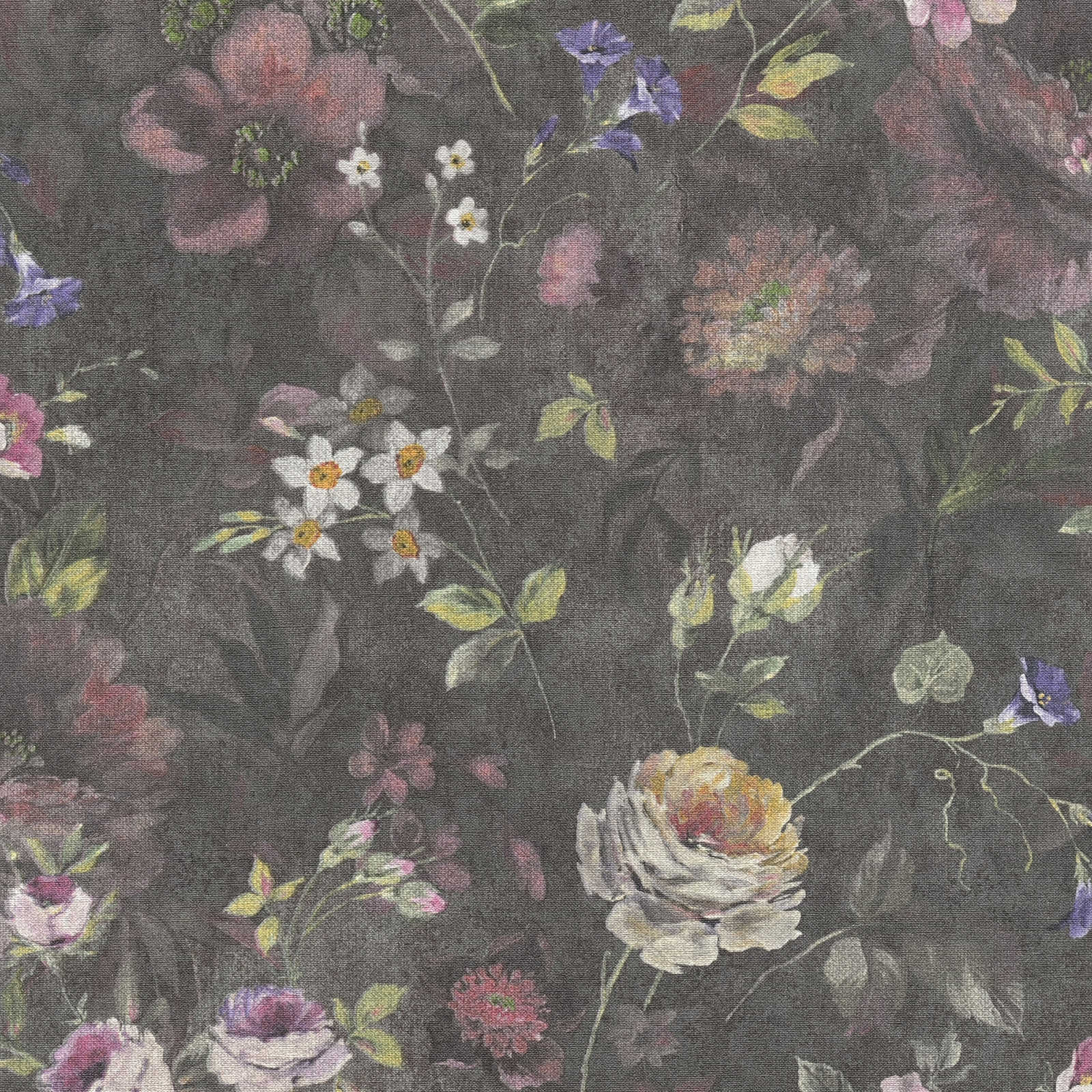 Florale Vliestapete mit Blumenmuster PVC-frei – Schwarz, Bunt, Grün
