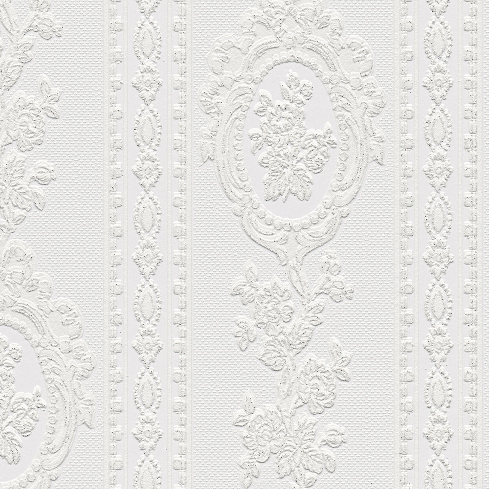             Ornamenttapete florale Elemente, Streifen und Blumen – Weiß
        