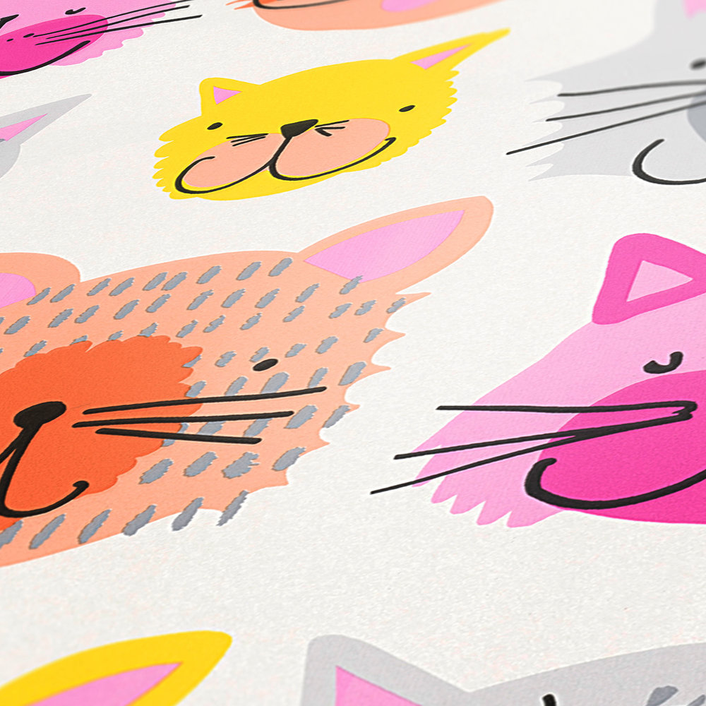             Bunte Katzen-Tapete im Comic Stil für Kinderzimmer – Rosa, Gelb
        