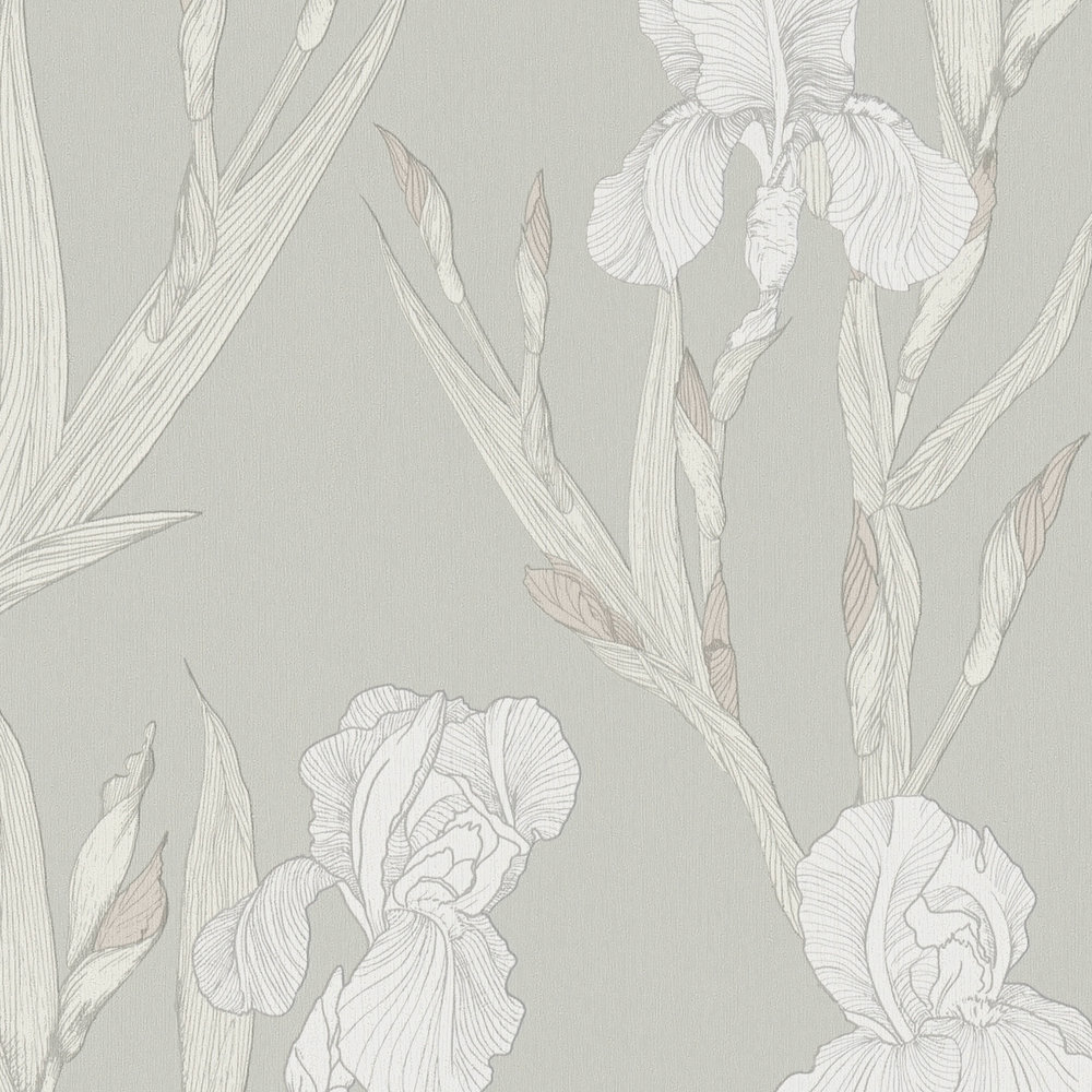            Blumentapete stilisiert, Blütenranken & modernes Design – Grau, Weiß
        