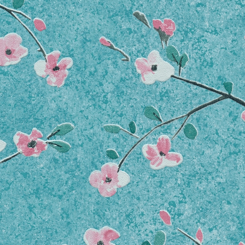             Japanische Kirschblüten Tapete – Blau, Grün, Rosa
        