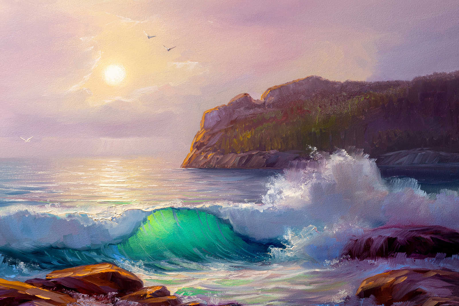             Leinwandbild Gemälde von einer Küste beim Sonnenaufgang – 0,90 m x 0,60 m
        