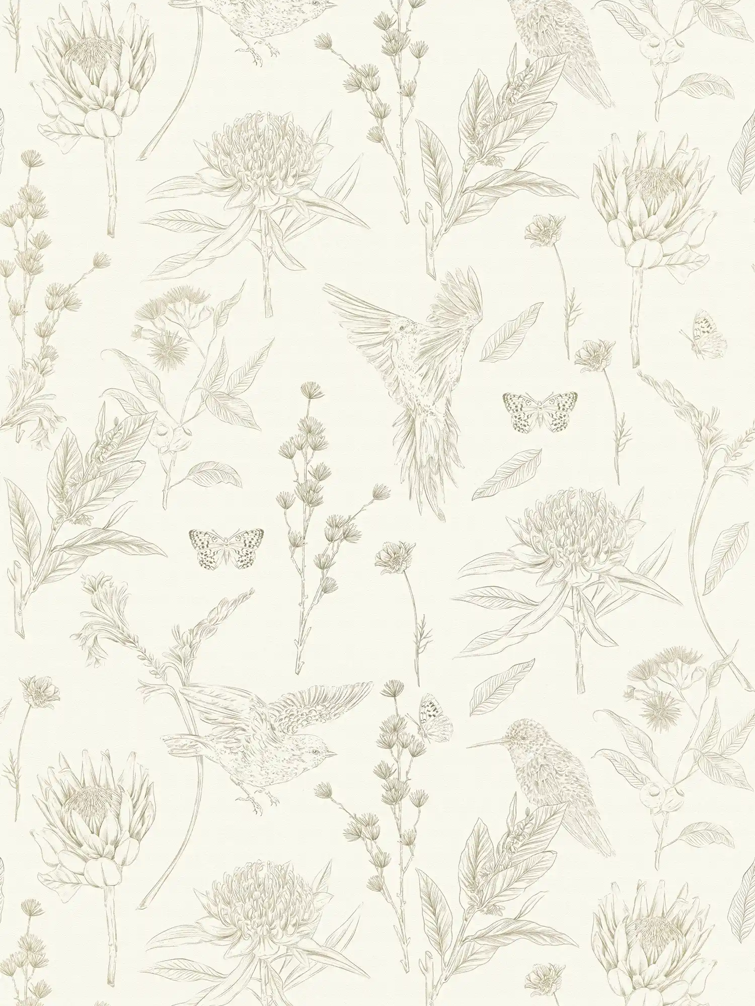         Florale Tapete mit Vögeln & Schmetterlingen strukturiert matt – Weiß, Grün
    