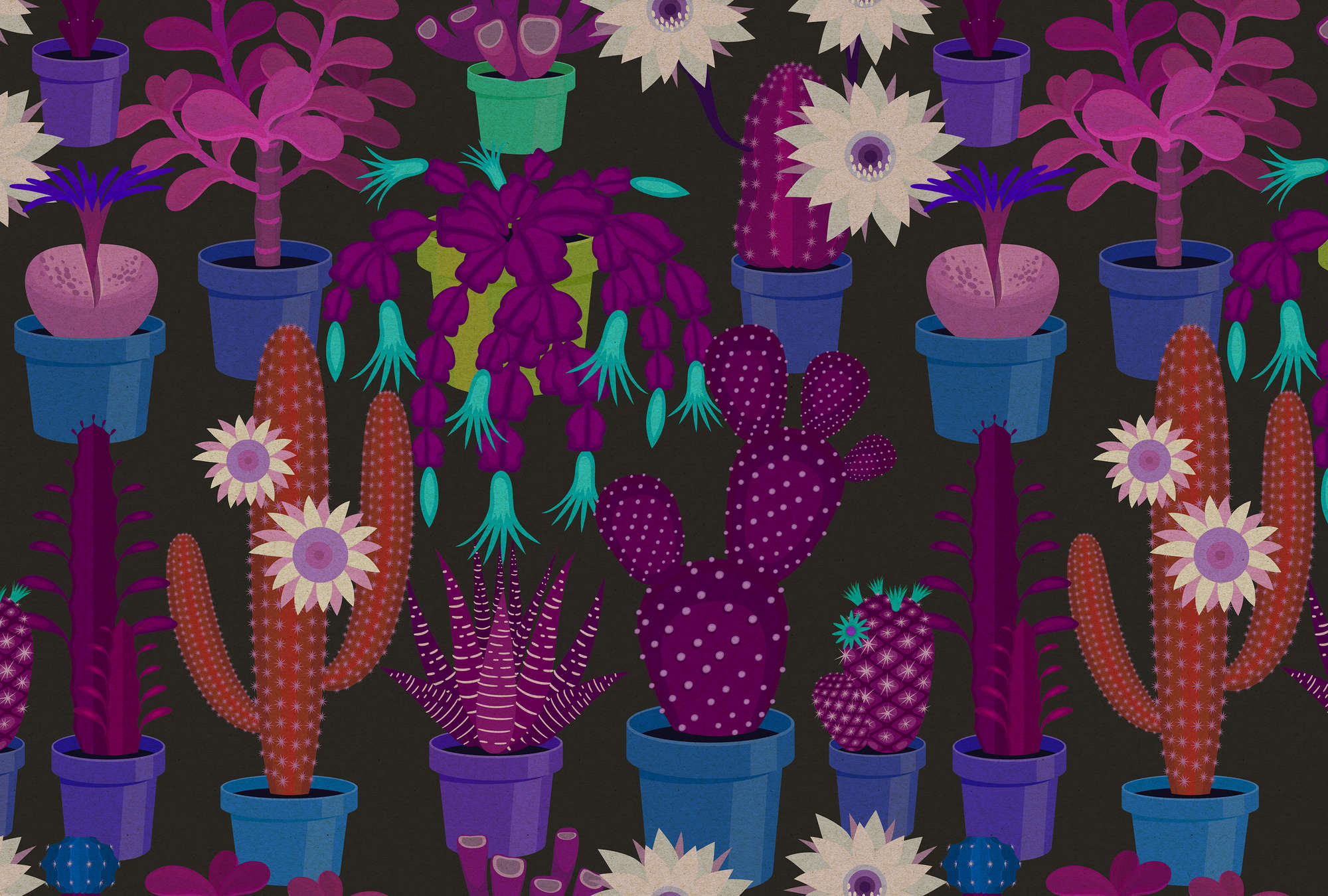             Cactus garden 1 - Fototapete in Pappe Struktur mit bunten Kakteen im Comic Stil – Blau, Orange | Struktur Vlies
        