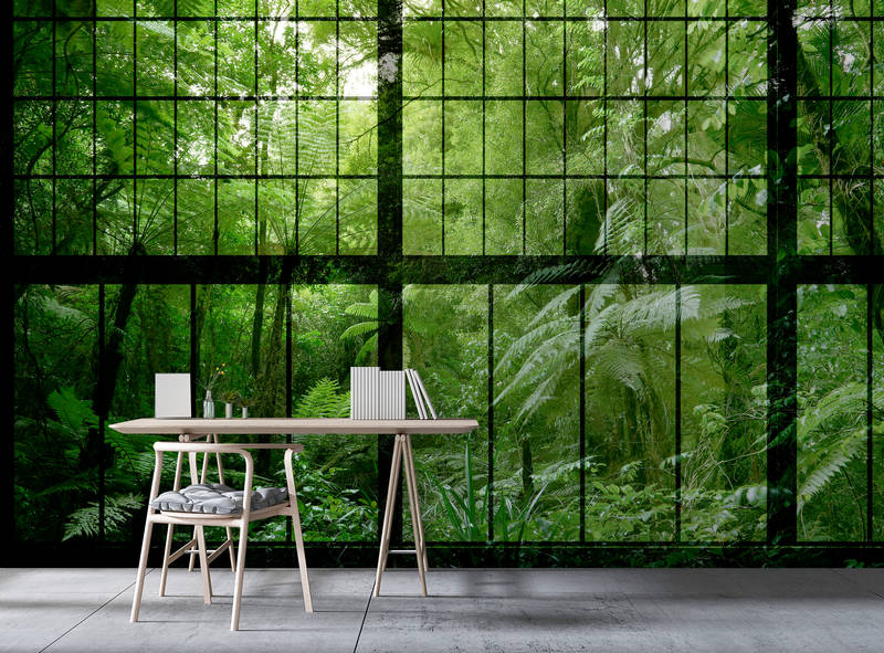             Rainforest 2 - Loftfenster Fototapete mit Dschungel Aussicht – Grün, Schwarz | Premium Glattvlies
        
