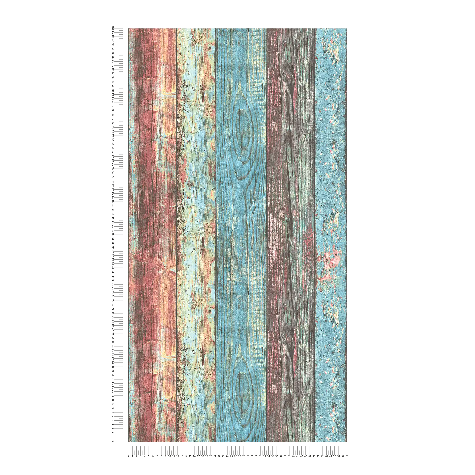             Bunte Holztapete Shabby Chic Style mit Bretter-Muster – Blau, Rot, Braun
        