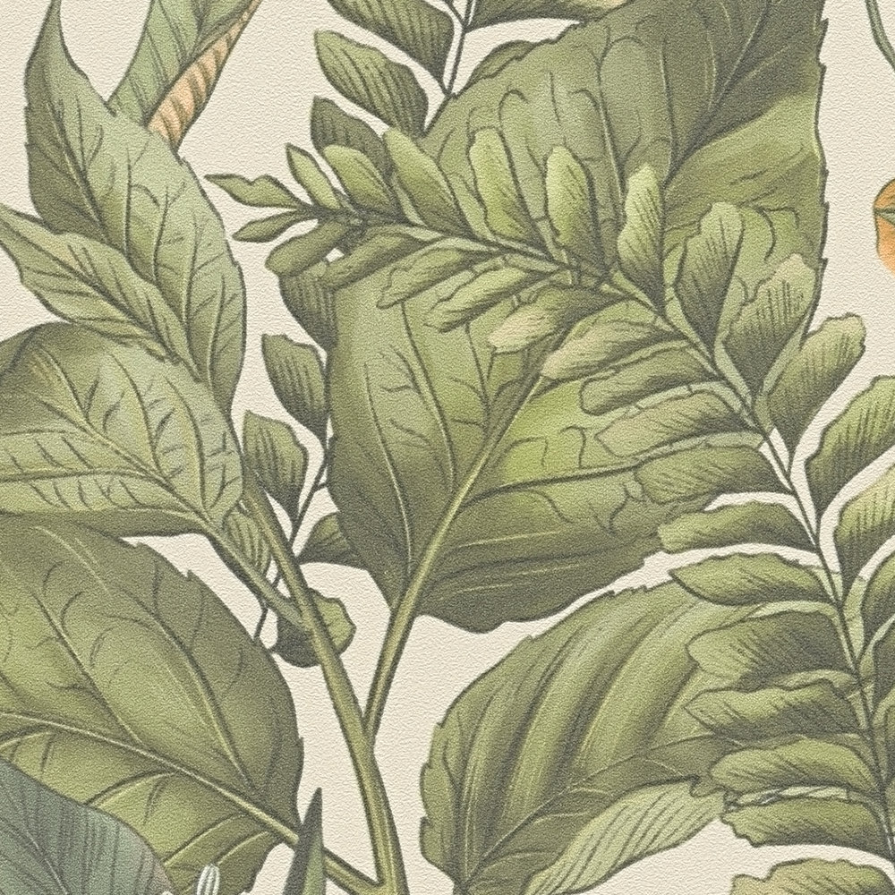             Florale Dschungeltapete mit Blättern & Blüten strukturiert matt – Creme, Grün, Orange
        