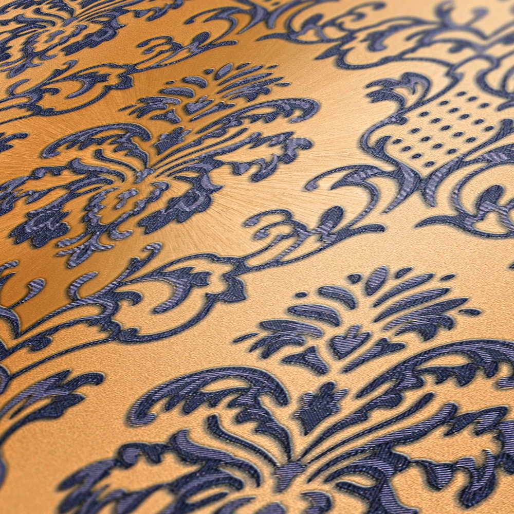             Ornament Tapete mit Metallic-Effekt – Blau, Braun
        