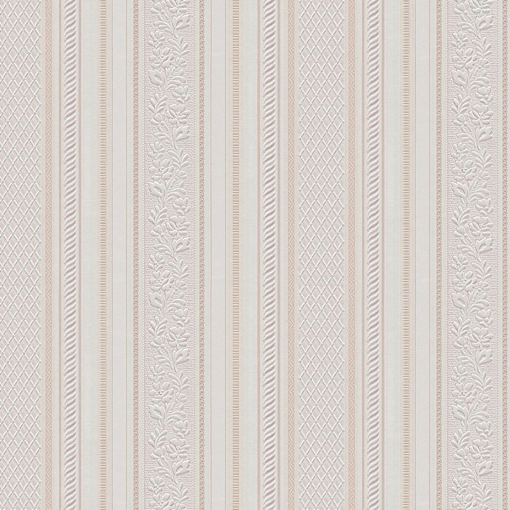             Streifentapete mit Designornamenten Biedermeier Stil – Beige, Creme, Weiß
        