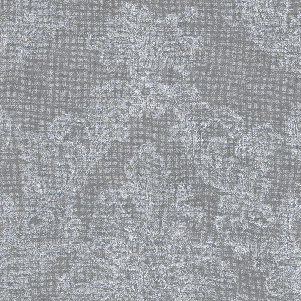             Ornament-Tapete im Landhausstil mit Textiloptik – Grau, Weiß
        
