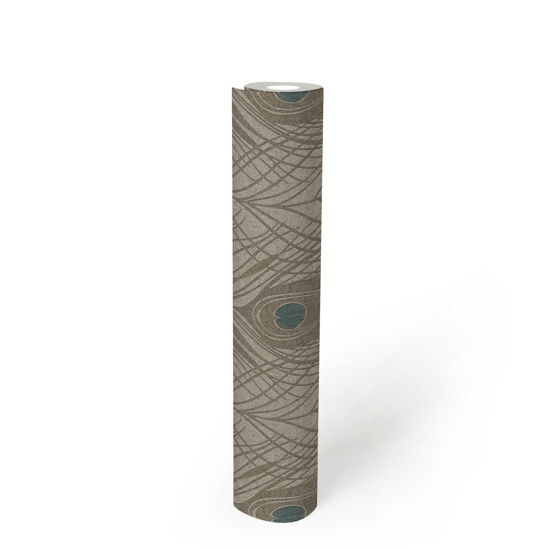             Braune Vliestapete mit Pfauenfedern, detailliert – Braun, Grau, Blau
        