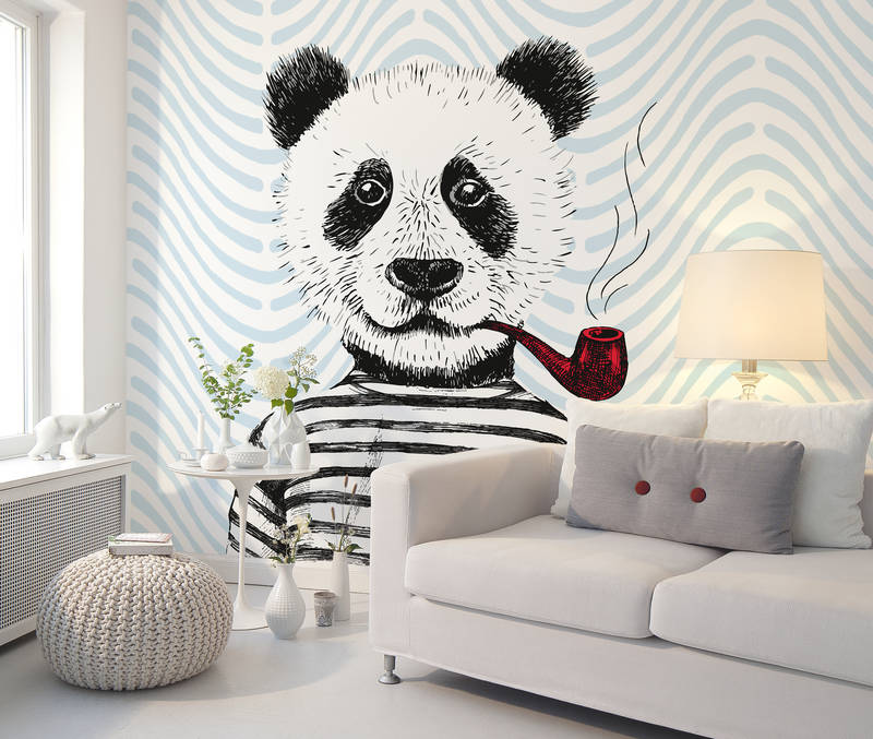             Fototapete Comic-Design für Kinderzimmer Panda-Motiv – Blau, Rot, Weiß
        