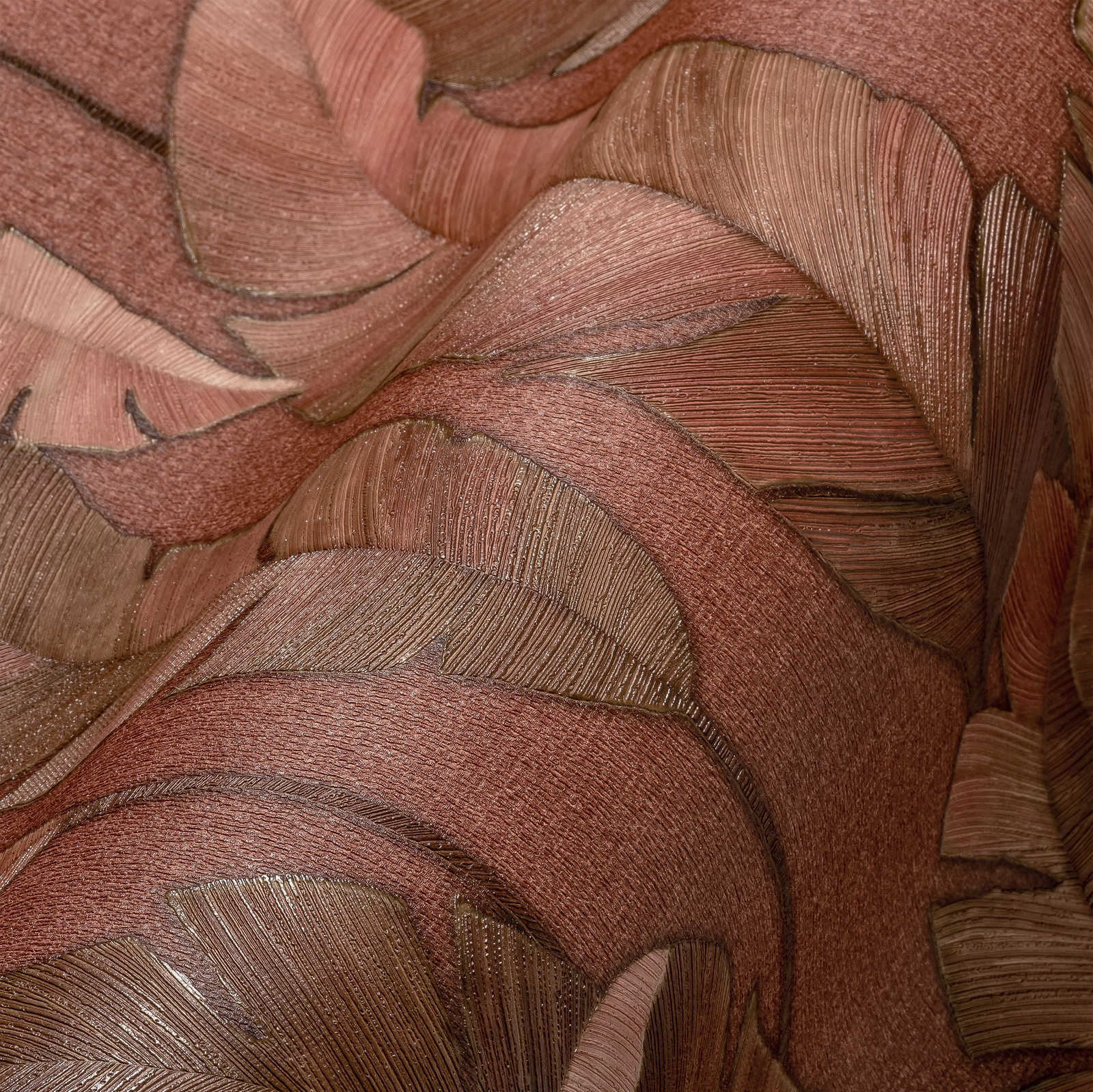             Tropische Vliestapete mit großen Palmenplätter – Rotbraun
        