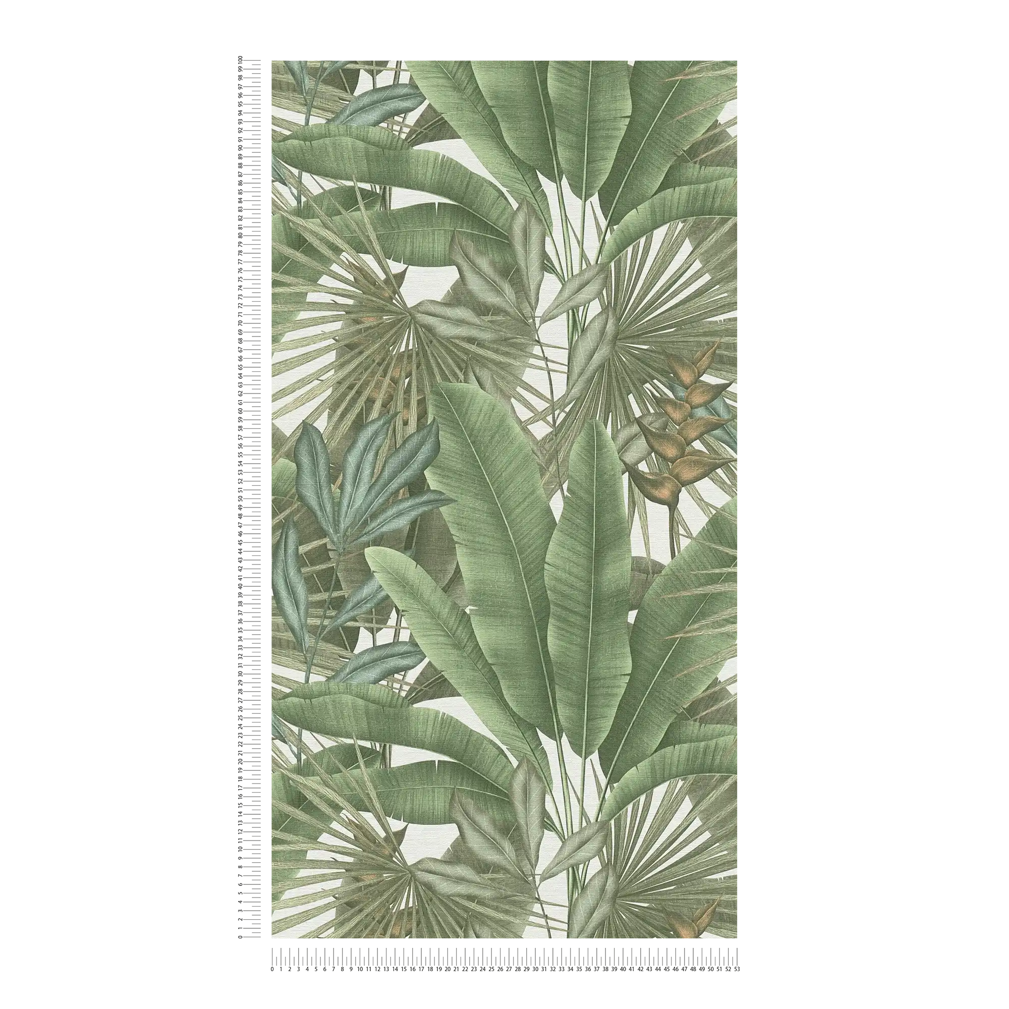             Florale Dschungeltapete leicht strukturiert mit großen Blättern – Grün, Weiß, Beige
        