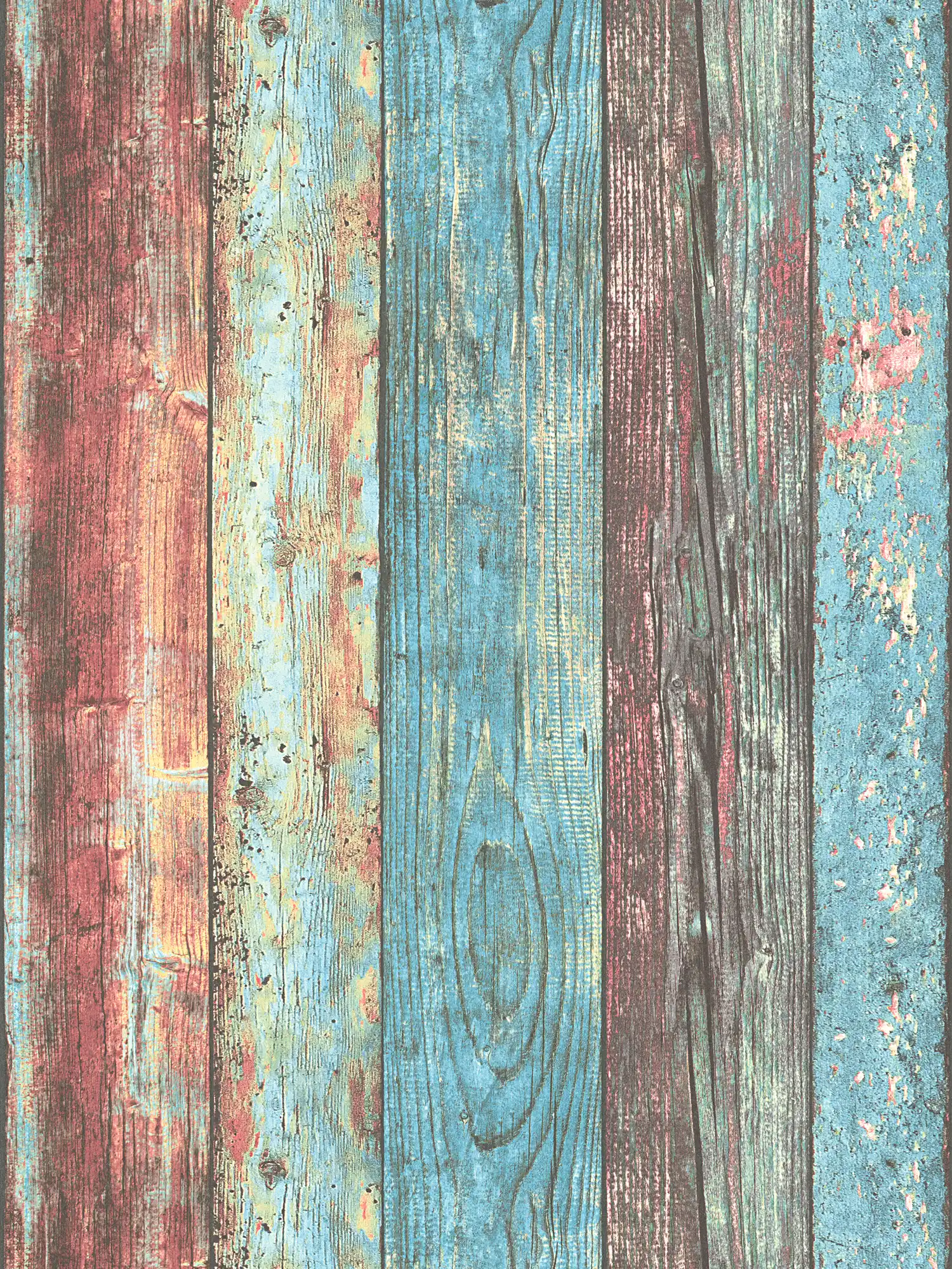 Bunte Holztapete Shabby Chic Style mit Bretter-Muster – Blau, Rot, Braun
