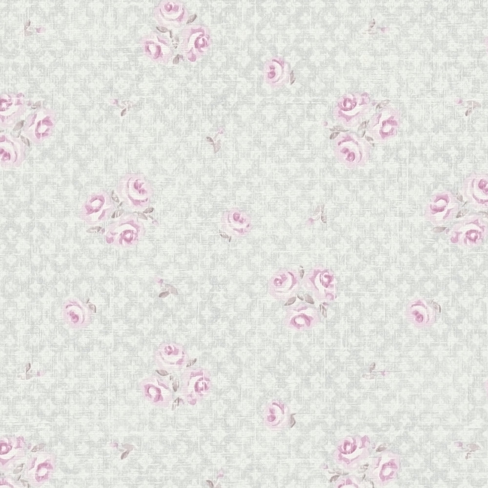             Vliestapete mit Blumenmuster im Shabby Chic Stil – Grau, Rosa, Weiß
        