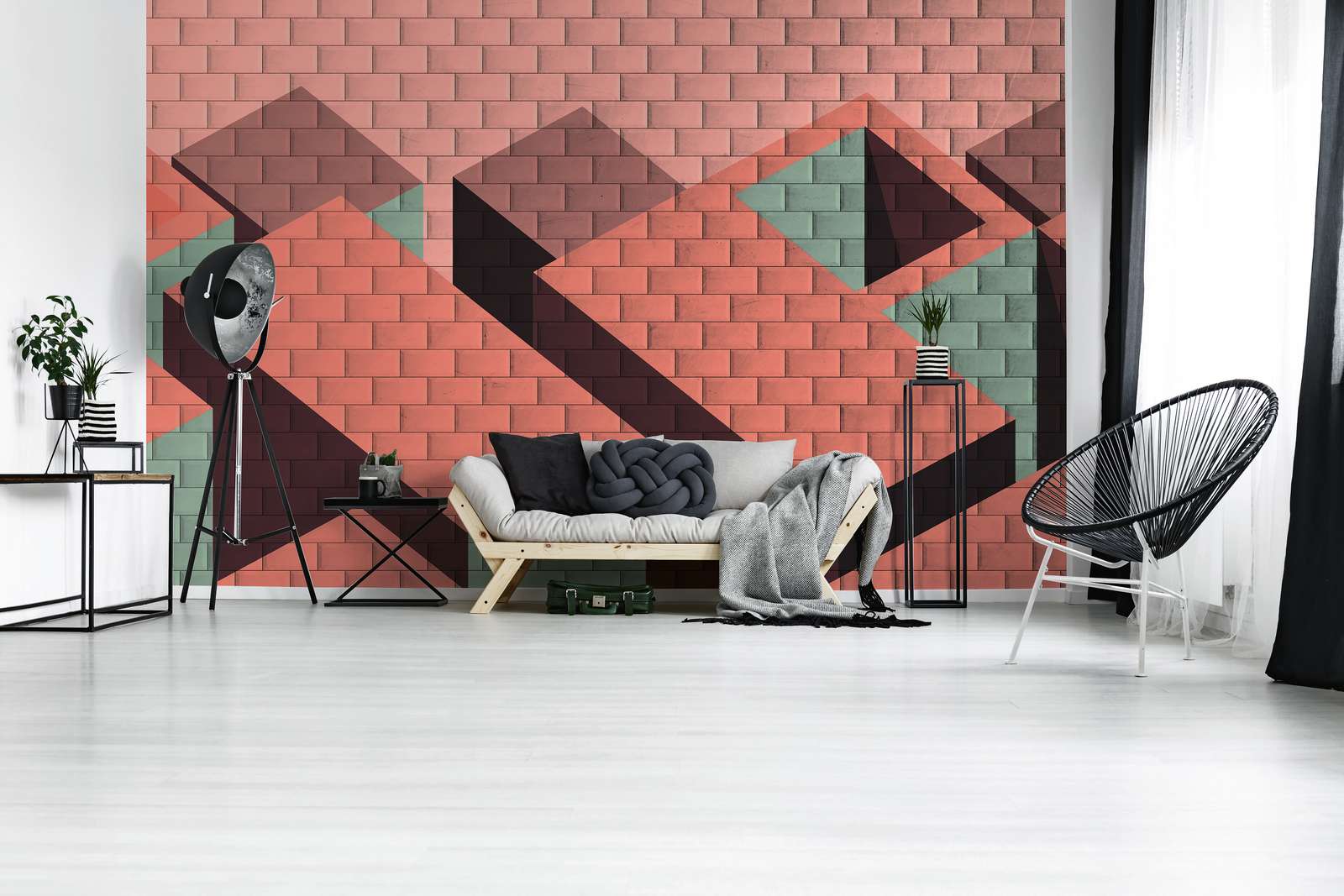             Fototapete Ziegelsteinmauer mit Block-Bemalung – Rot, Pink, Grün
        