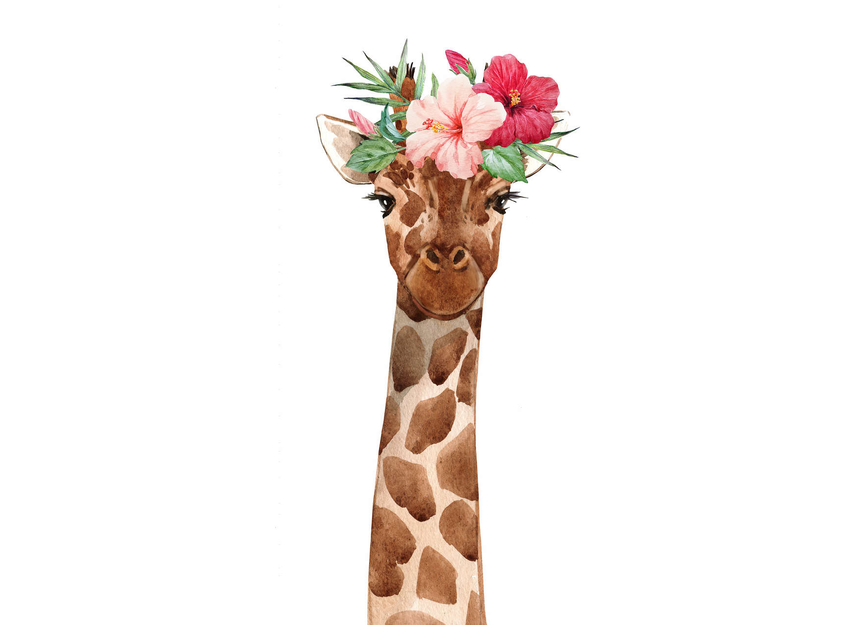             Fototapete Kinderzimmer mit Giraffe und floraler Kopfbedeckung – Weiß, Bunt
        