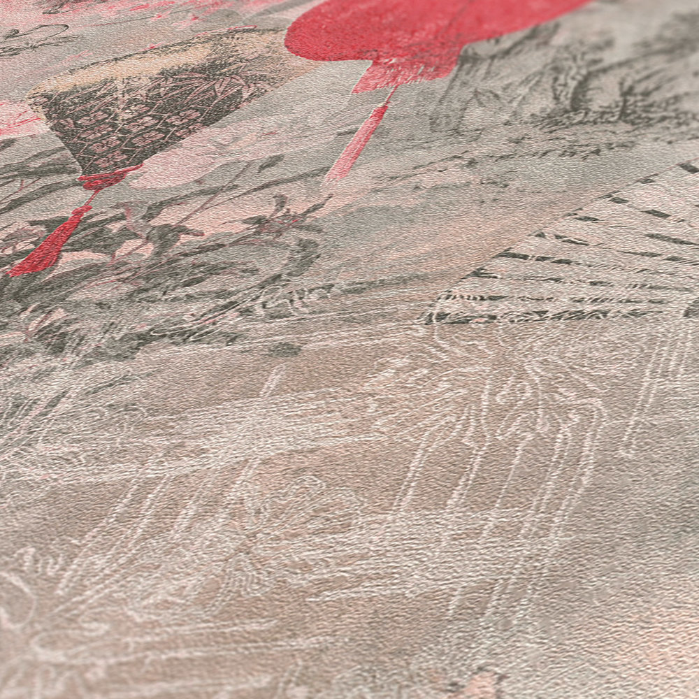             Vliestapete mit Landschaftsmotiv und asiatischem Dekor – Grau, Rot, Rosa
        