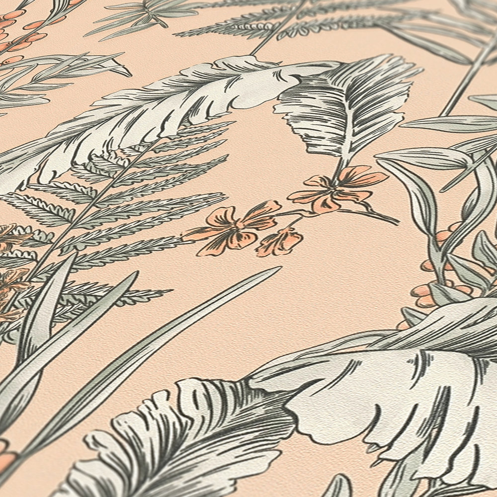             Moderne Tapete Floral mit Blüten & Blättern strukturiert – Rosa, Beige, Weiß
        