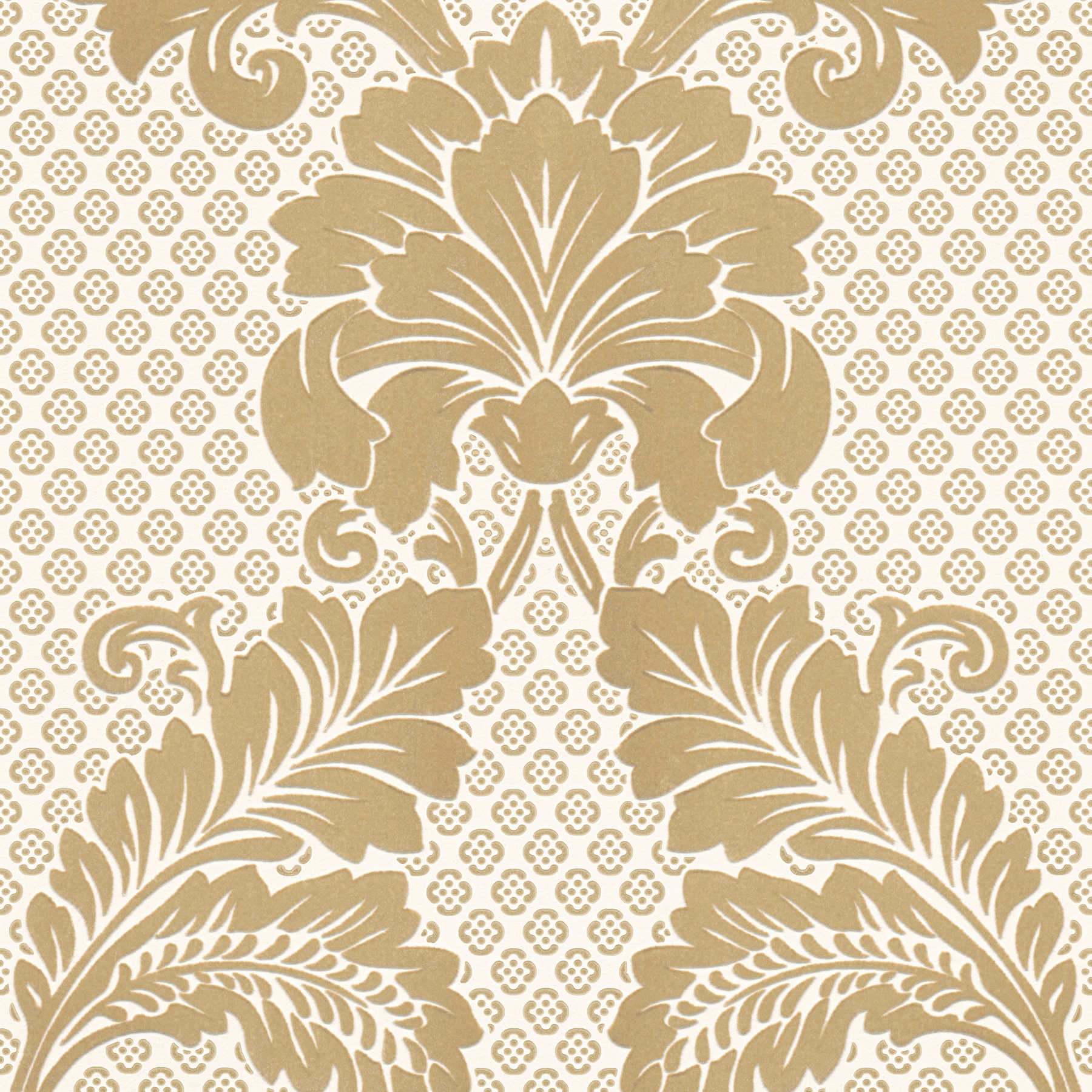 Gemusterte Ornamenttapete mit großem Floralen Motiv – Gold, Creme
