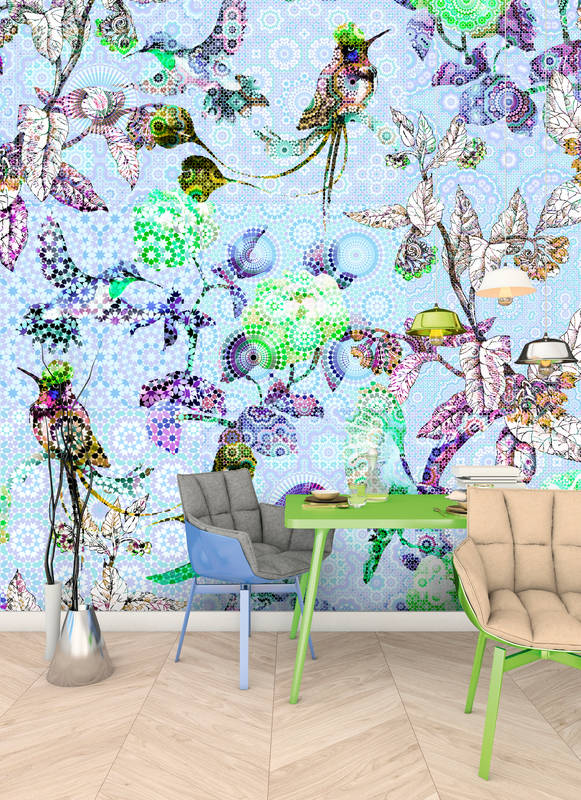             Fototapete Blumen & Vögel im Mosaik Stil – Blau, Grün
        