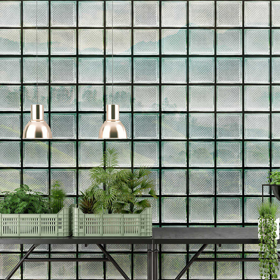         Green House 3 – Fenster Fototapete Glasbausteine & tropischer Wald
    