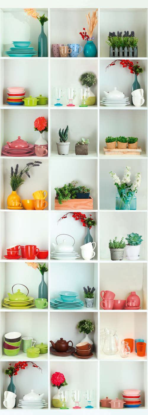             Moderne Fototapete Regal mit Geschirr und Pflanzen auf Premium Glattvlies
        