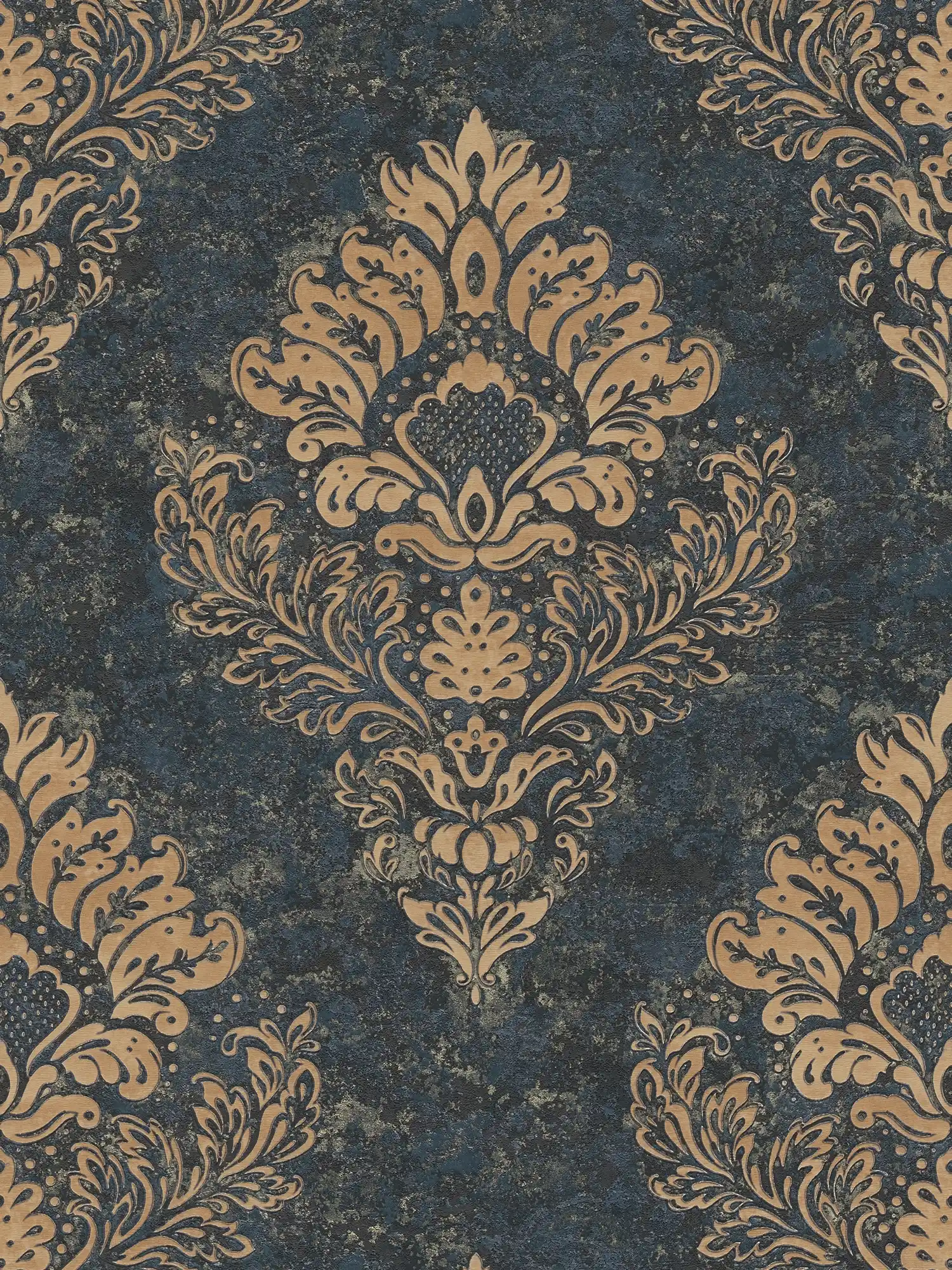         Ornamenttapete mit floralem Stil & Gold-Effekt – Beige, Blau, Braun
    