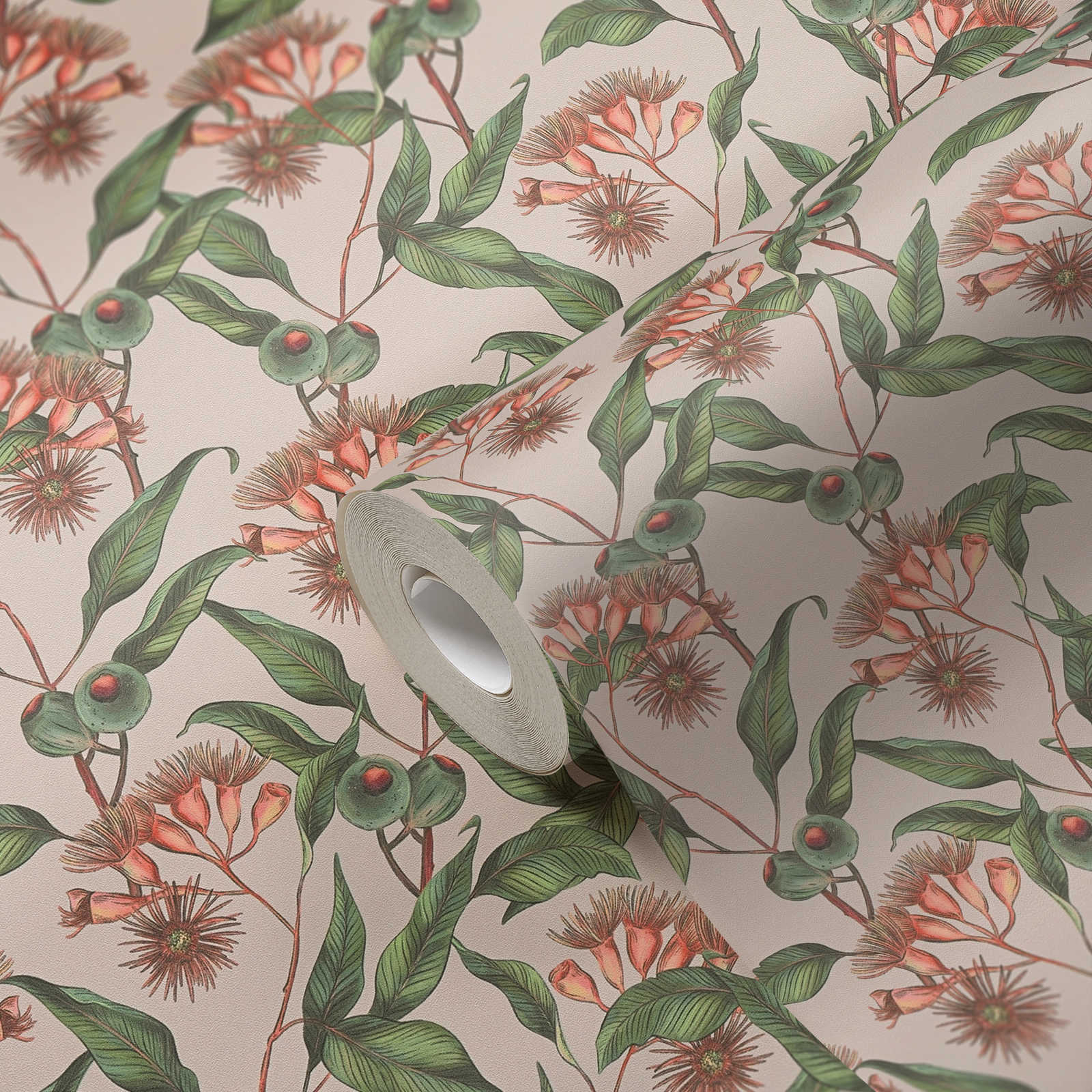             Moderne Tapete im floralen Stil mit Blättern & Blüten strukturiert matt – Beige, Grün, Rot
        