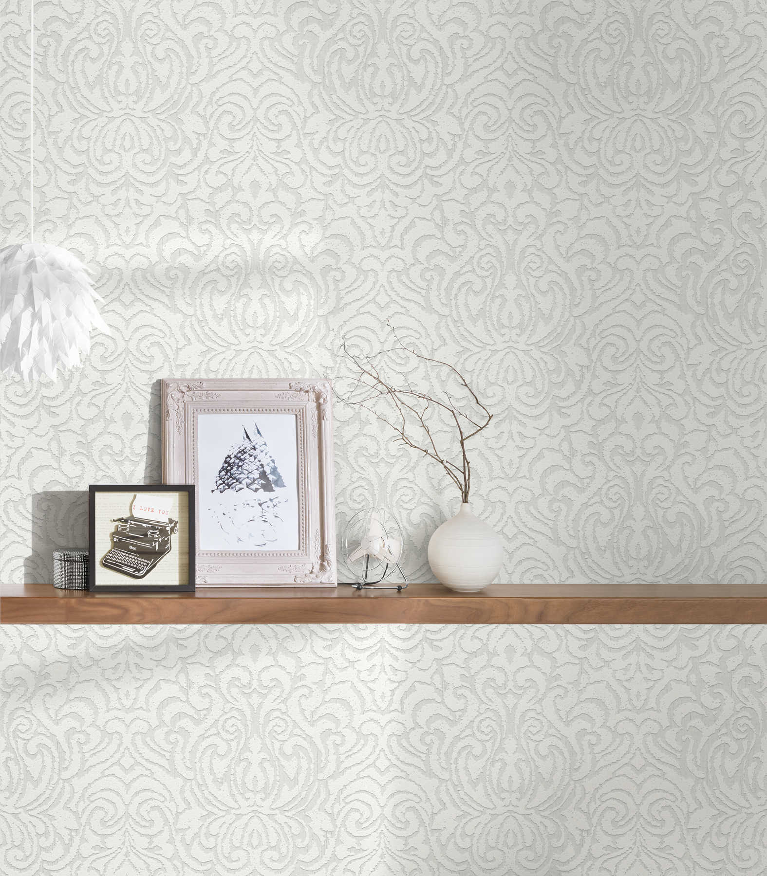             Tapete mit Ornamentmuster und Struktureffekt – Weiß
        