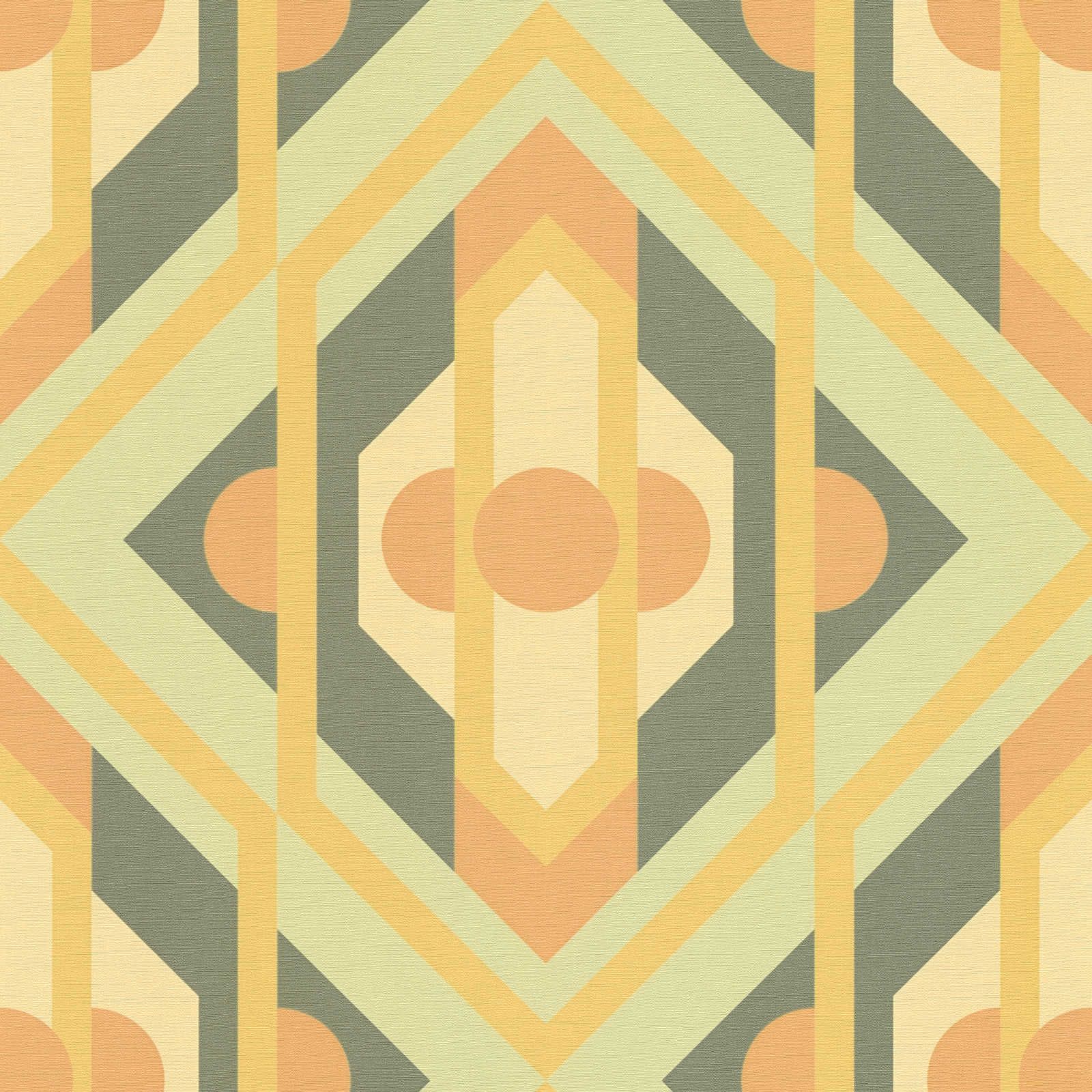         Geometrische Ornamente im Retro Stil auf Vliestapete – Grün, Gelb, Orange
    