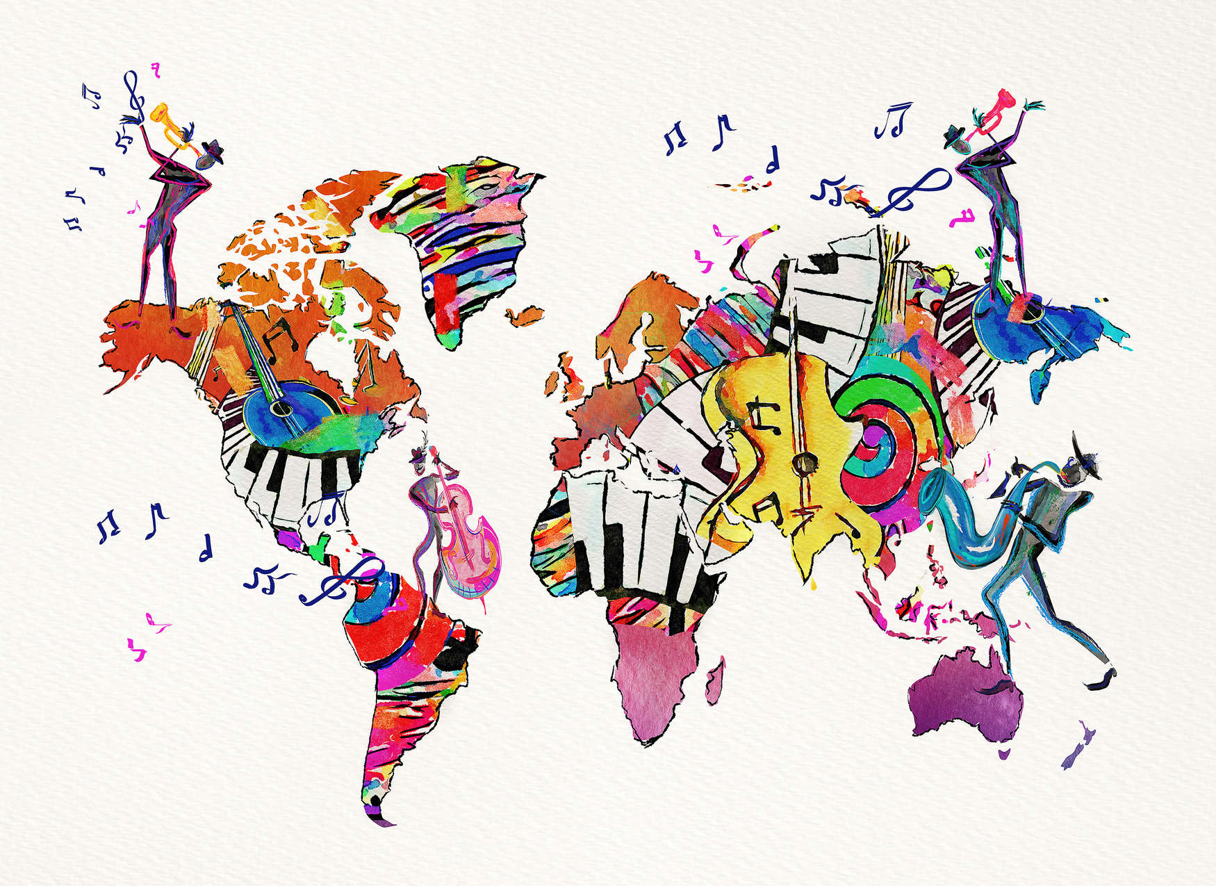             Fototapete mit Weltkarte gefüllt mit Instrumenten und Notenschlüsseln – Bunt, Weiß
        