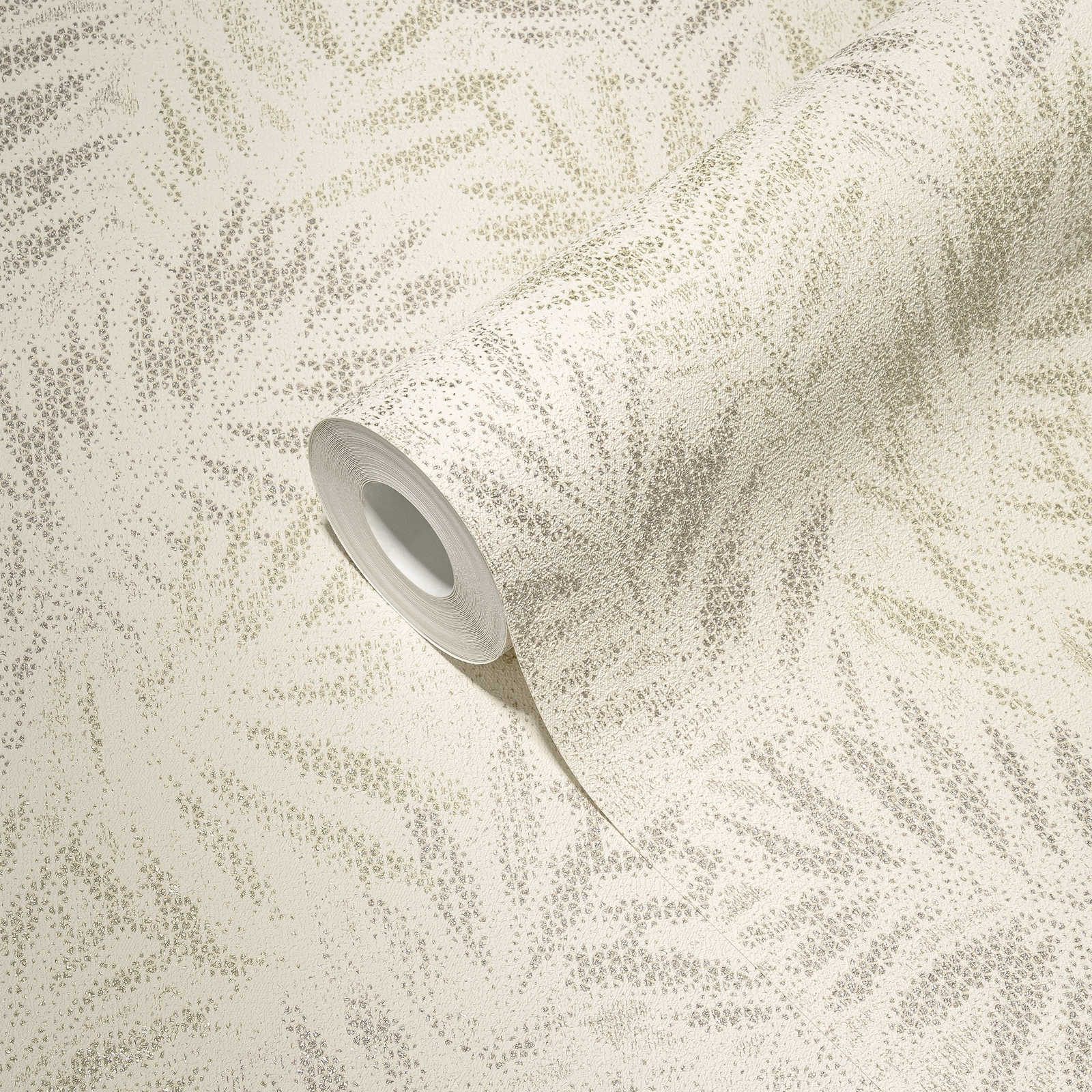             Vliestapete mit glänzenden Blättermuster – Weiß, Grau, Silber
        