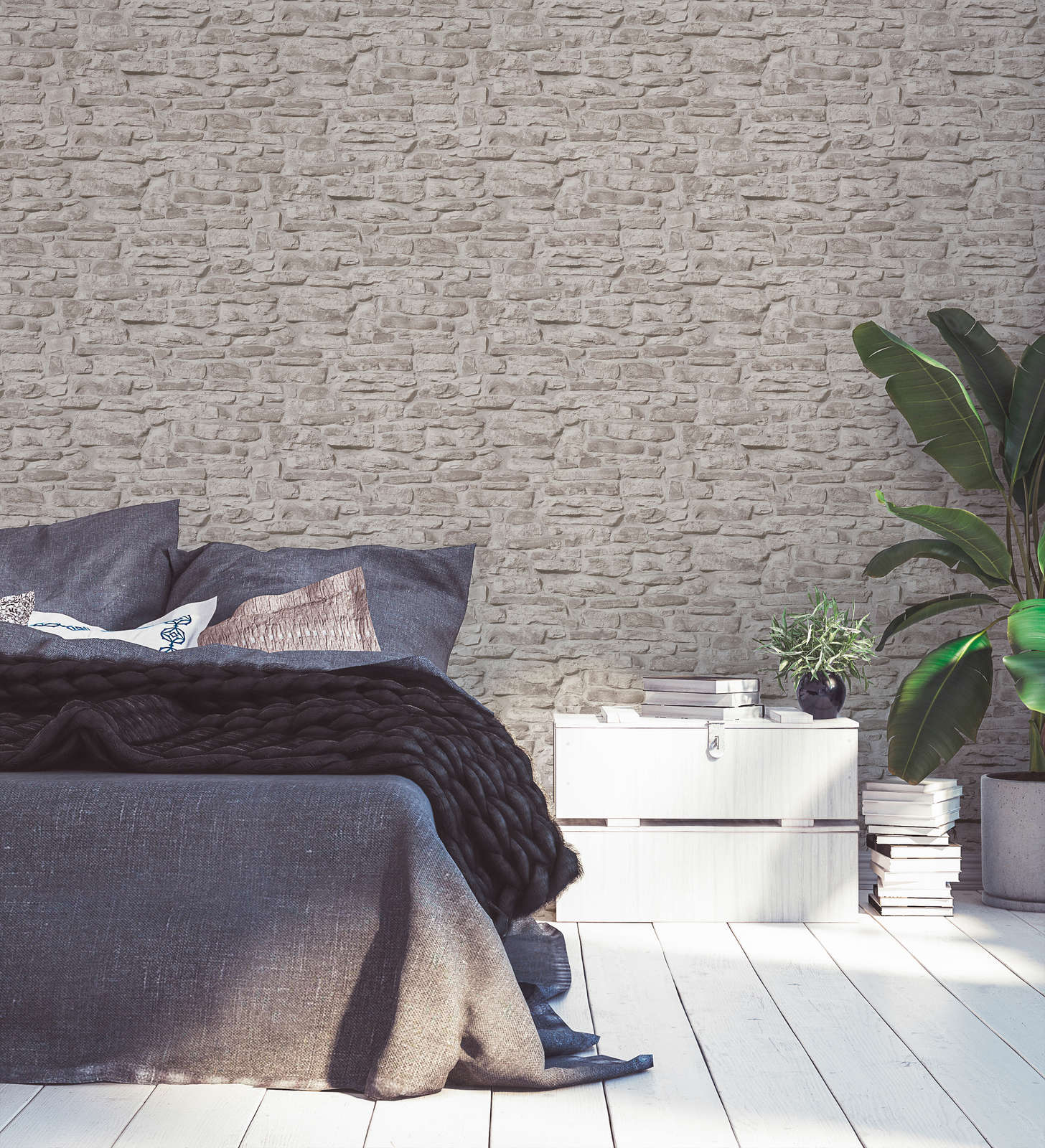            Vliestapete rustikale Steinoptik Ziegelmauer – Greige, Grau, Weiß
        