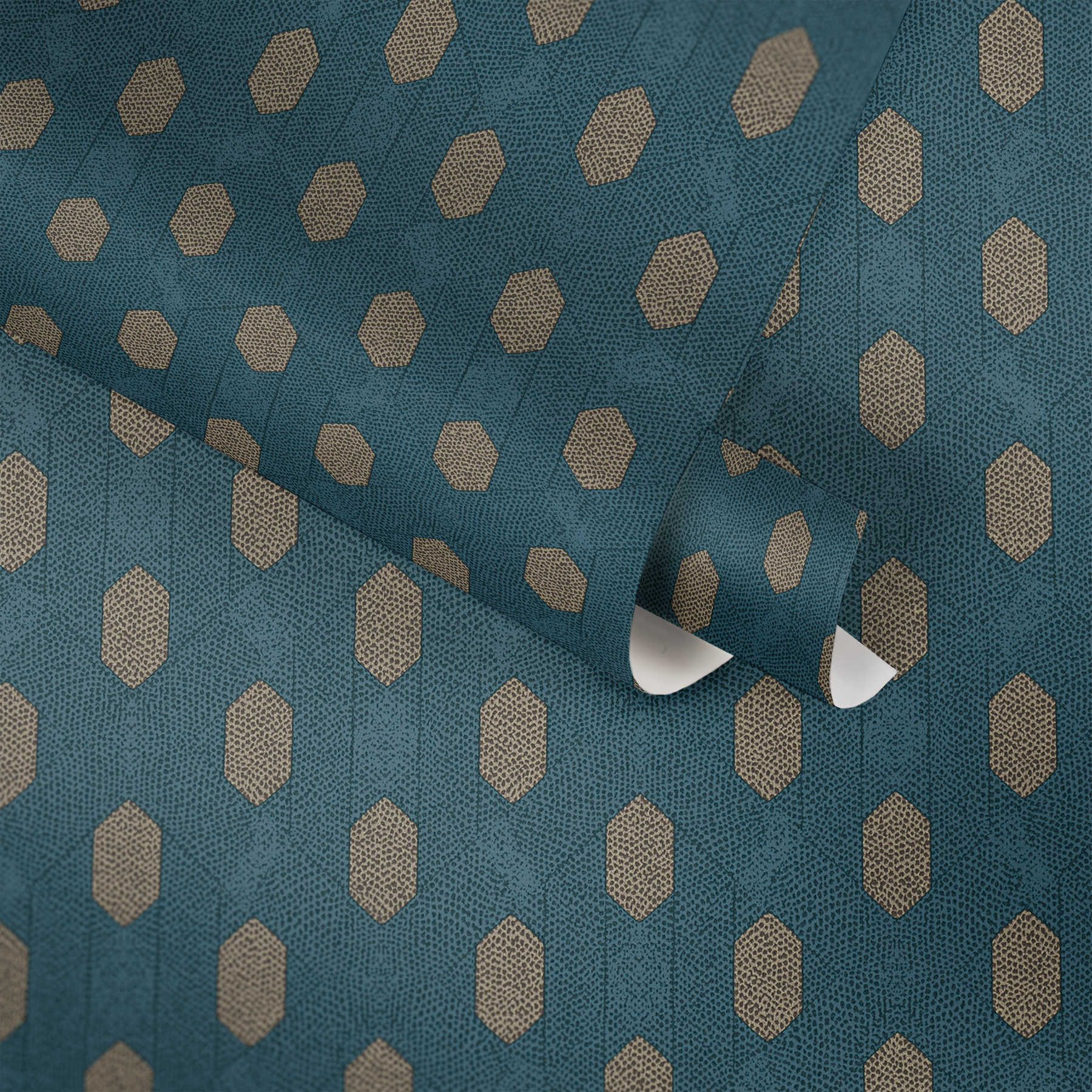             Blaue Tapete mit geometrische Muster & Gold Details – Blau, Braun, Beige
        