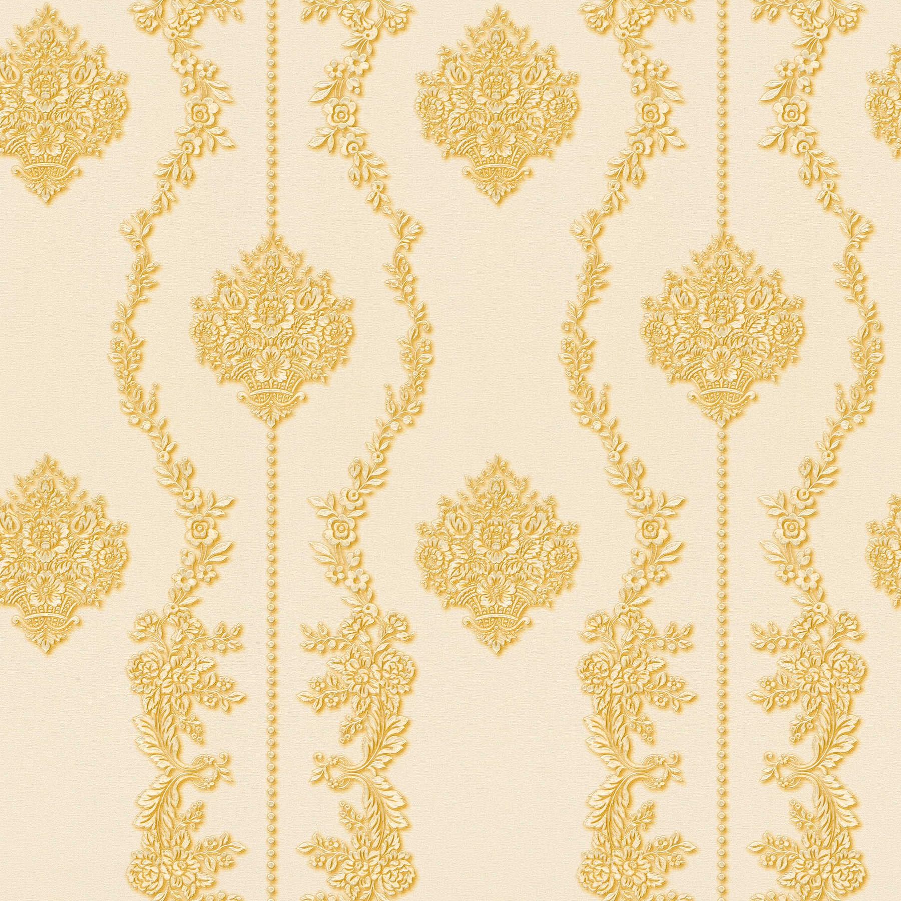 Ornamenttapete Blumenmuster & Ranken – Creme, Gold

