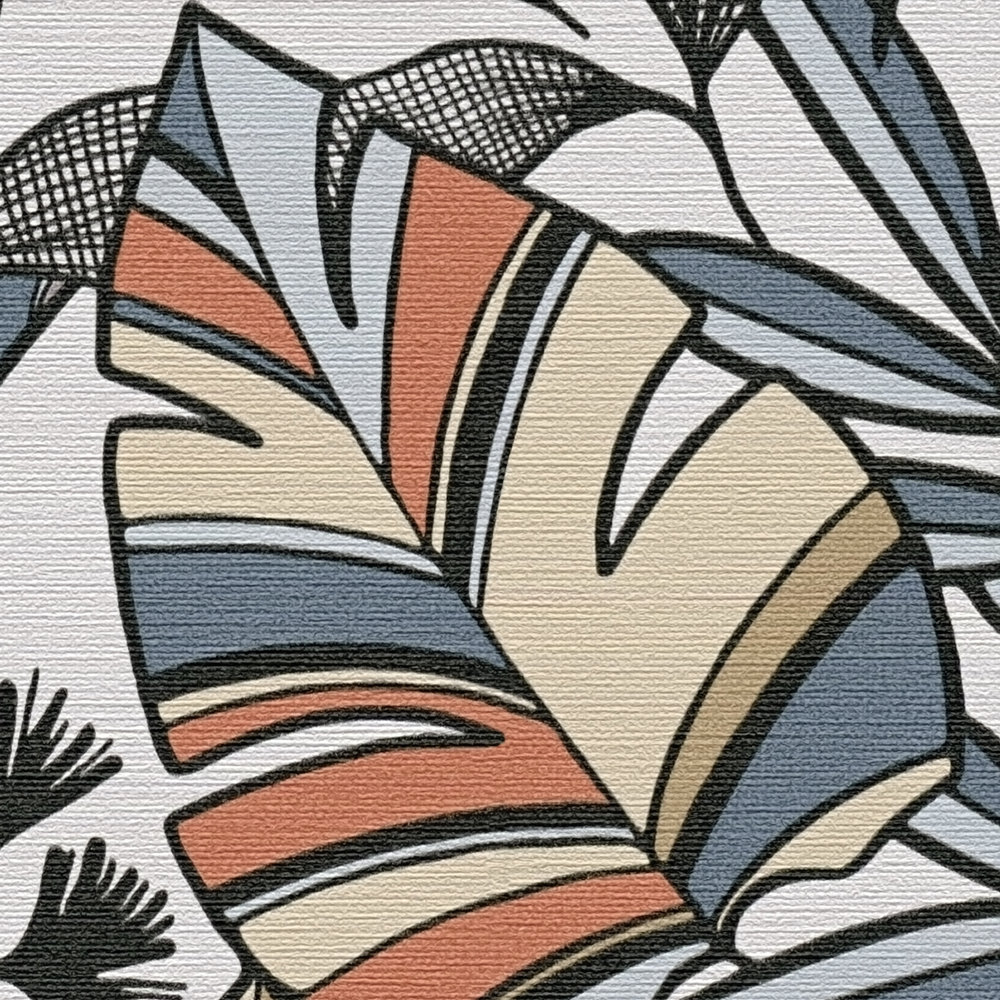            Vliestapete mit kräftigen Farben in Dschungeloptik – Weiß, Schwarz, Orange
        