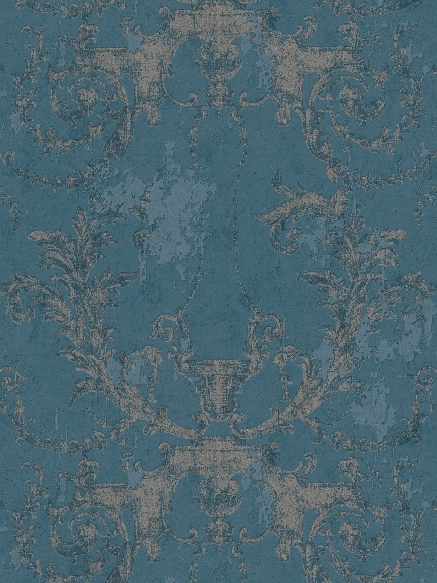 Ornamenttapete Vintage Stil & rustikal – Blau, Silber
